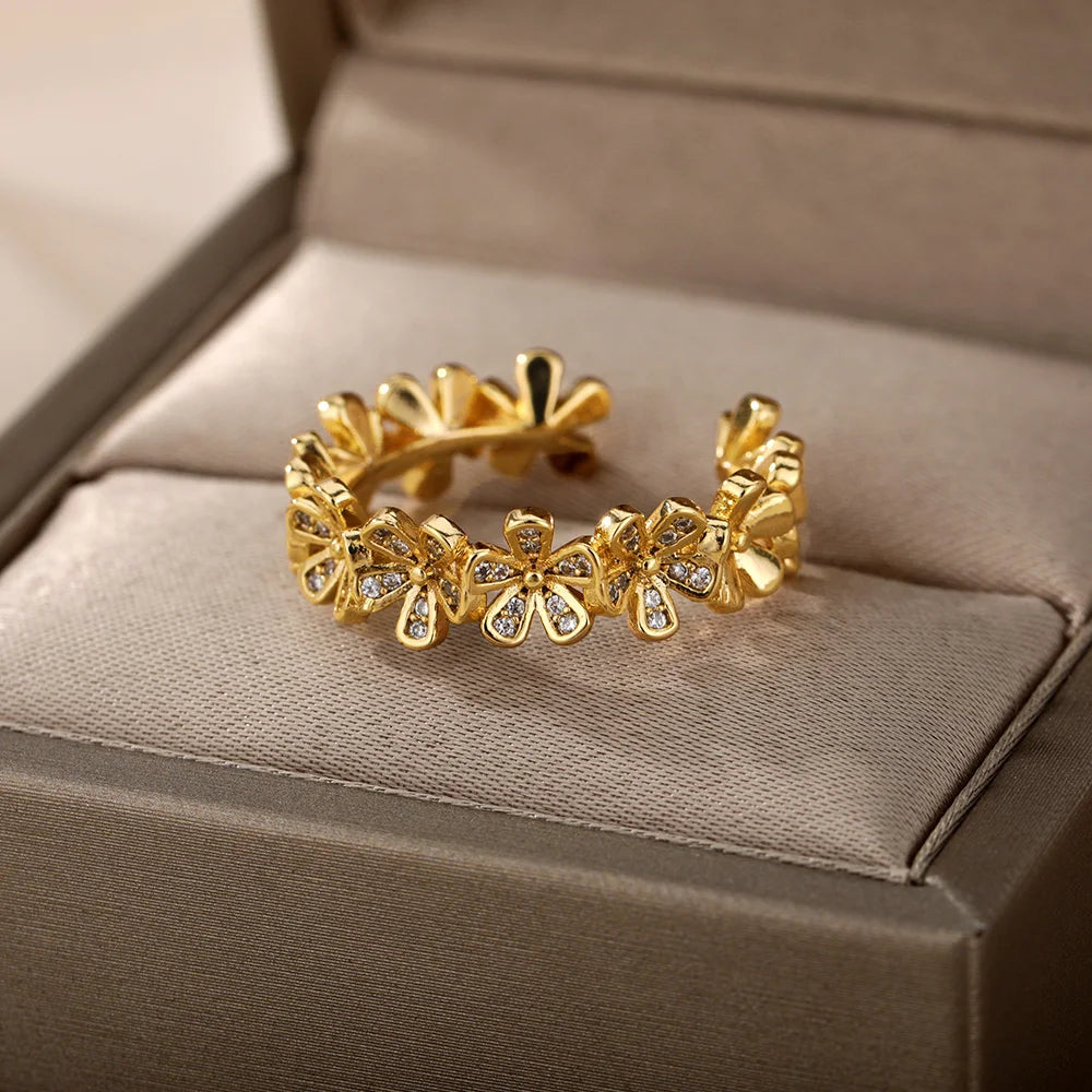 Damen Blumen Offene Ringe Für Frauen Edelstahl Zirkonia Blumen Offener Verstellbarer Ring Schmuck Studenten Mädchen Geschenk