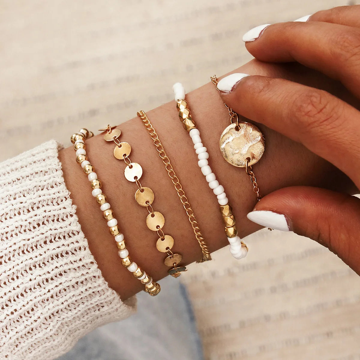 Fashion Geometrischer Stein Anhänger Armband Set Für Frauen Retro Silber Farbe Mond Handgelenk Kette Offener Armreif Dame Trendy Boho Schmuck