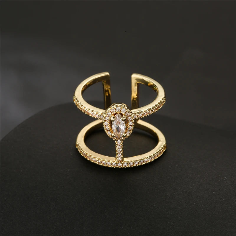 NEWBUY Fashion Goldfarbener Geometrischer Kupferring Damen Hochzeitsschmuck Heißer Verkauf AAA+ Zirkonia Fingerring Femme Bijoux