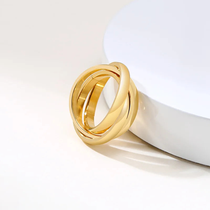 Charm Damenringe Dreifach ineinandergreifender Rolling Ring Edelstahl Goldfarben Weihnachtsschmuck