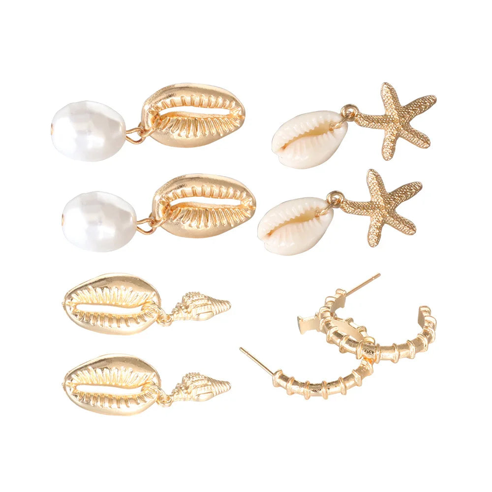 Böhmische Muschel-Seestern-Ohrhänger-Set für Damen, Sommer, Strand, Perlen-Muschel-Ohrringe, Geometrische Ohrringe, Mädchen, Modeschmuck