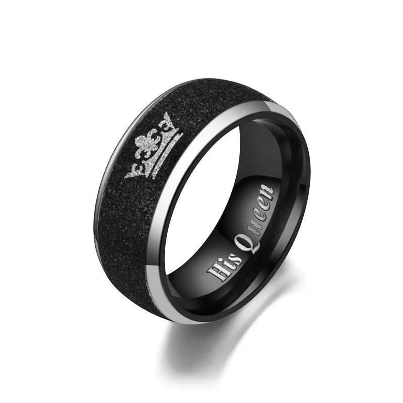Anillos de pareja con letras "Su Rey y Su Reina" para mujer y hombre, corona, negro, 8 mm, acero inoxidable, acabado mate, joyería de boda para amantes