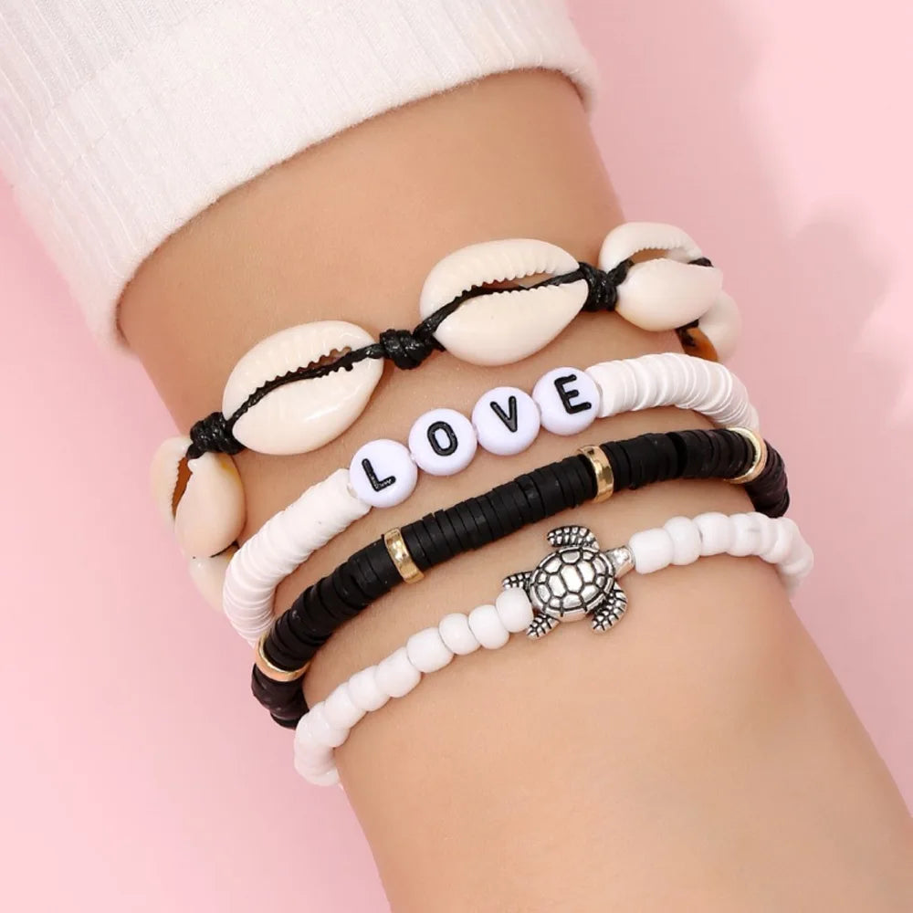Juego de Pulseras Apilables Arcoíris de Moda para Mujer con Dijes de Corazón, Arcilla Blanda, Cuentas en Capas, Cadena, Brazalete, Joyería Bohemio Femenina