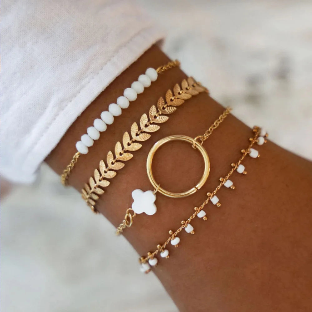 Fashion Geometrischer Stein Anhänger Armband Set Für Frauen Retro Silber Farbe Mond Handgelenk Kette Offener Armreif Dame Trendy Boho Schmuck