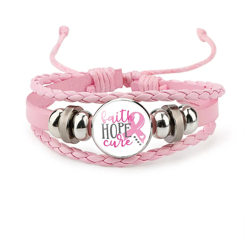 Brustkrebs-Bewusstseins-Hoffnungsarmband für Frauen Rosa Schleife Anhänger Geflochtenes Lederseil Wickelarmband Mode handgemachter Schmuck