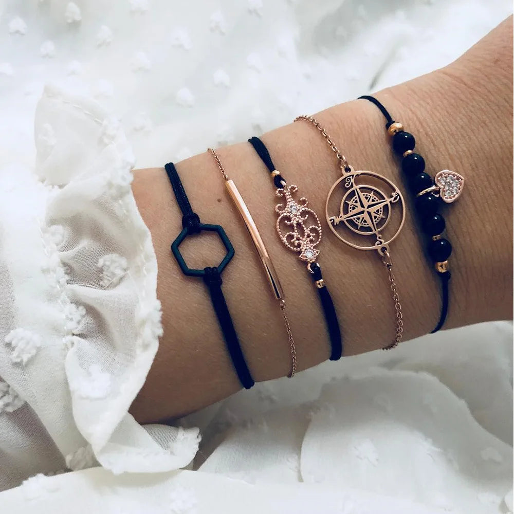 Fashion Geometrischer Stein Anhänger Armband Set Für Frauen Retro Silber Farbe Mond Handgelenk Kette Offener Armreif Dame Trendy Boho Schmuck