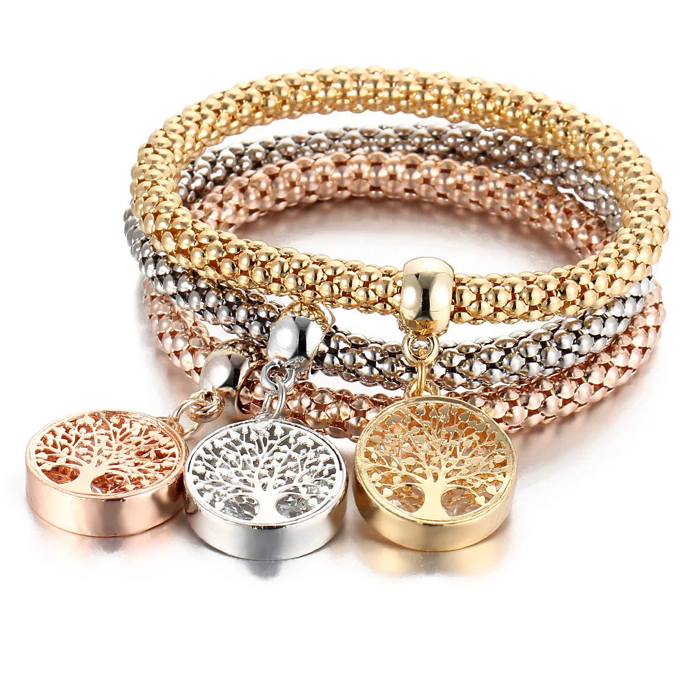 3 Farben/Lot Elastische Armbänder & Armreifen für Damen Kristall Lebensbaum Eule Schlüsselschloss Musiknote Eule Schmetterling Herz Charms Schmuck