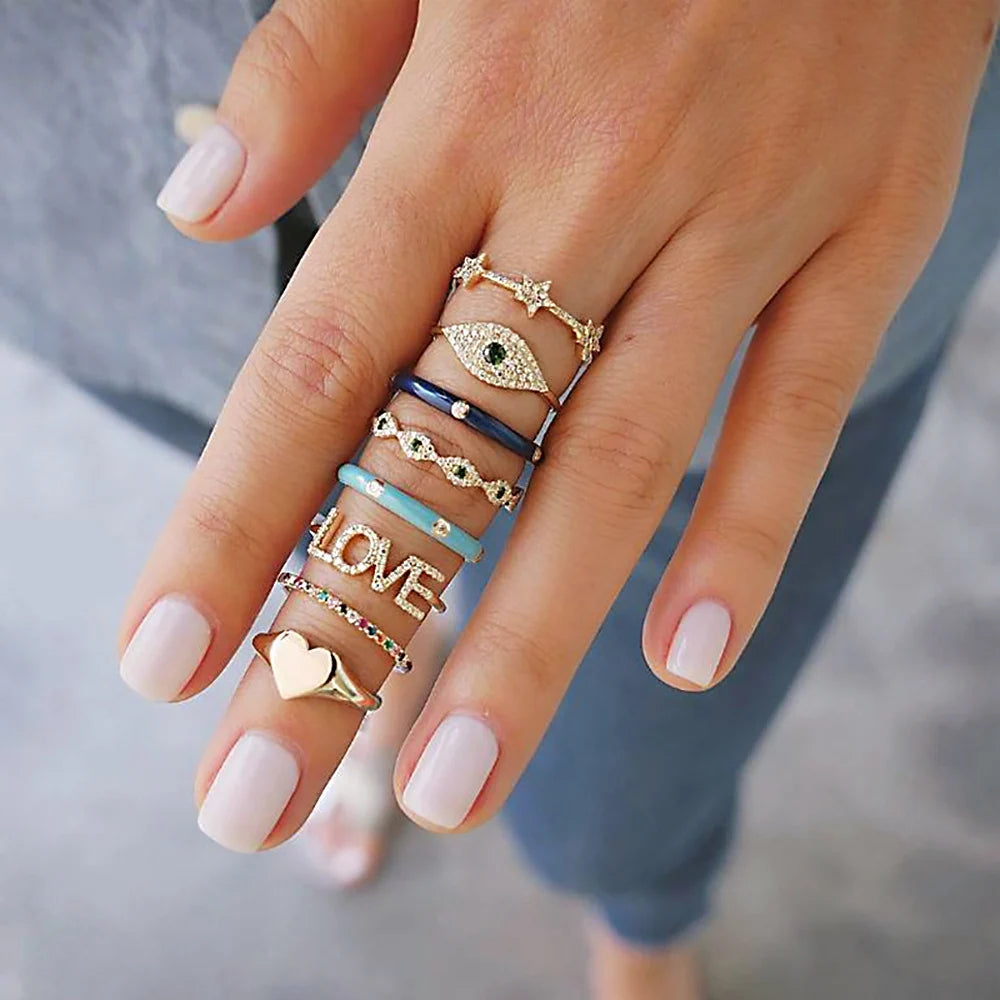 Trendiger geometrischer Mond-Knöchel-Fingerringe-Set für Frauen 2021 Böhmischer Kristallstein Damenring Hochzeitsschmuck