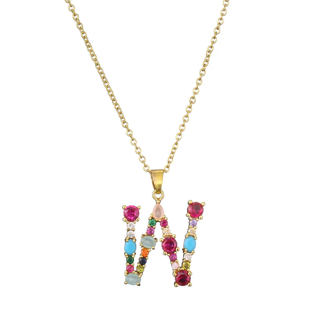 2024 New Hot Colourful Crystal AAA CZ 26 Capital Letters Pendant Necklace For Women Girl Gold Color Copper Initial Name Jewelry