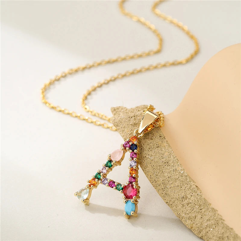 2024 New Hot Colourful Crystal AAA CZ 26 Capital Letters Pendant Necklace For Women Girl Gold Color Copper Initial Name Jewelry