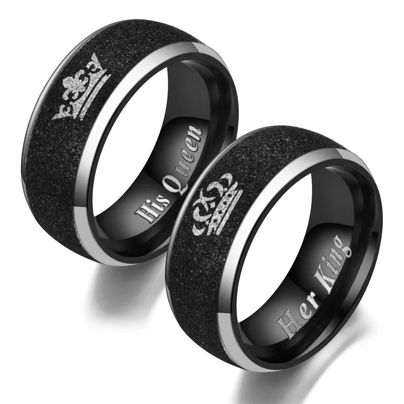 Ihr König und seine Königin Buchstaben Paar Ringe für Frauen Männer Krone Schwarz 8MM Edelstahl Matt Ring Liebhaber Hochzeitsschmuck