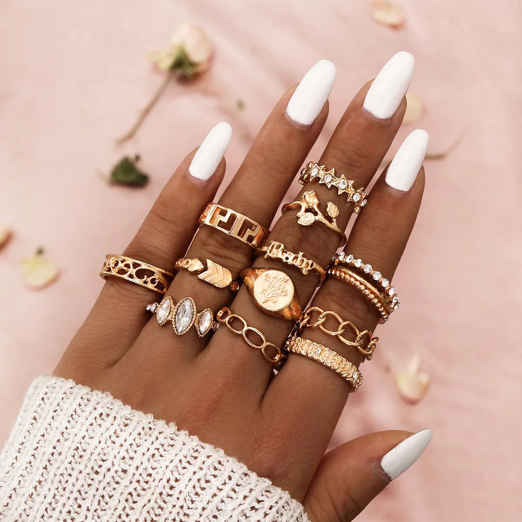 Trendiger geometrischer Mond-Knöchel-Fingerringe-Set für Frauen 2021 Böhmischer Kristallstein Damenring Hochzeitsschmuck