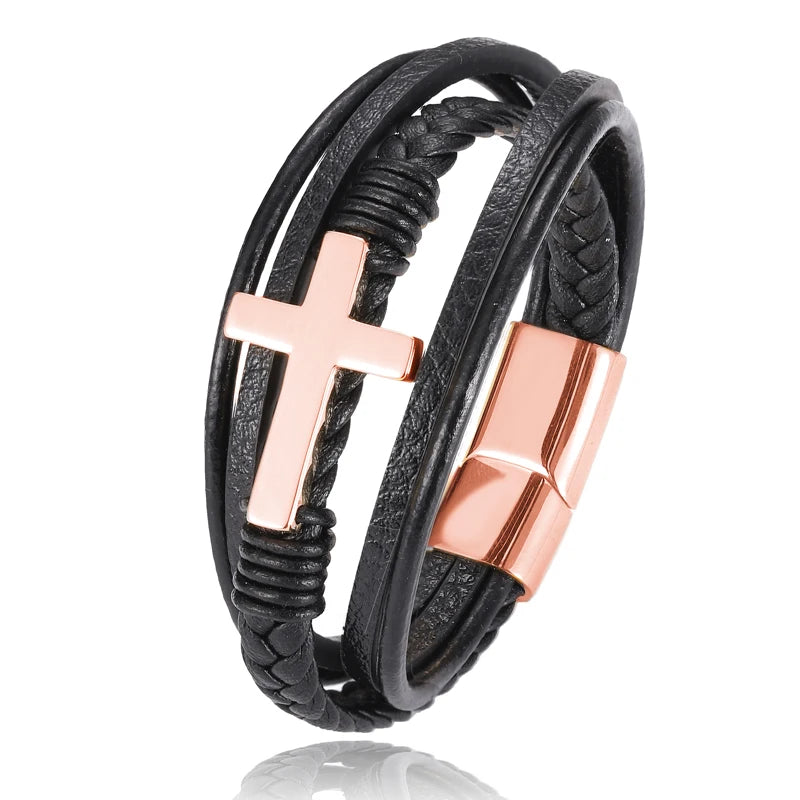 Boho personalisiertes Herren-Familiennamenarmband Schwarz Kreuz geflochtenes Leder mit Edelstahl-Anhängerarmband Individueller Namensschmuck