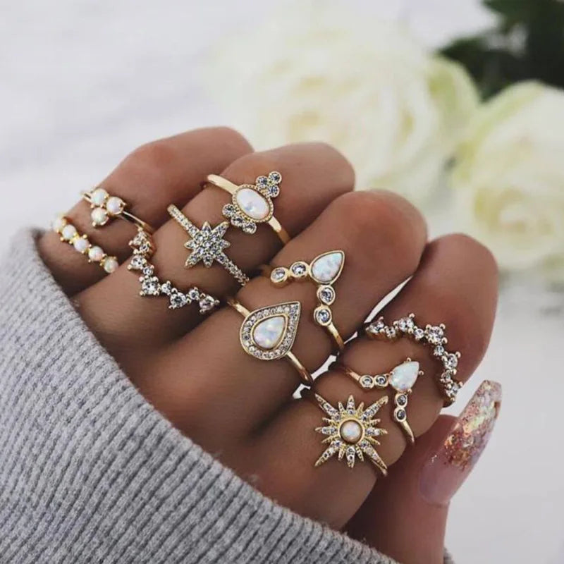 Fashion Geometrische Knöchelringe Set Für Frauen Kristall Goldfarben Fingerring Boho Damen Hochzeit Schmuck Geschenk