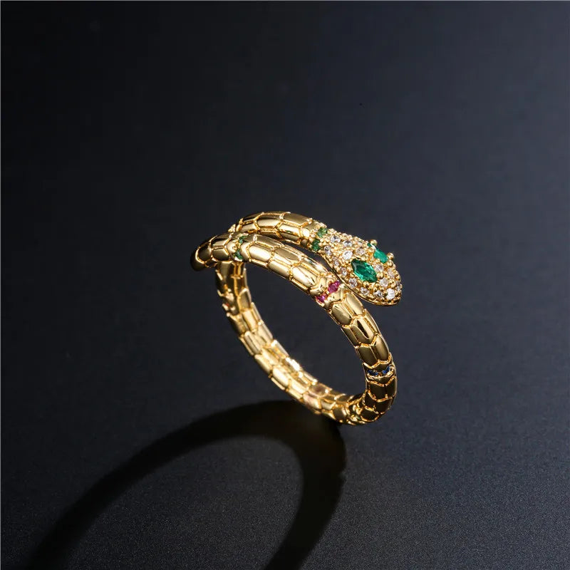 Modischer goldfarbener Schlangenring für Damen und Mädchen, verstellbar, exquisiter glänzender Zirkonia-Fingerring, Hochzeitsschmuckgeschenk
