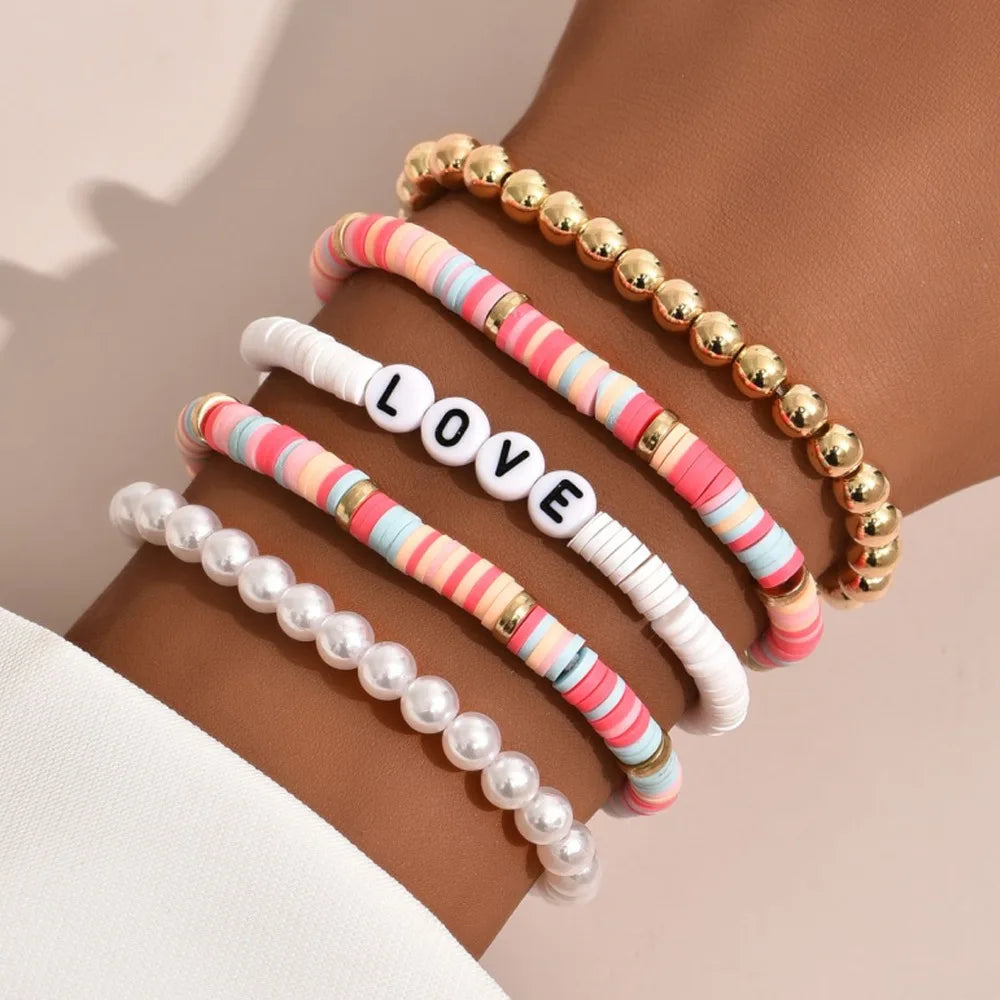 Juego de Pulseras Apilables Arcoíris de Moda para Mujer con Dijes de Corazón, Arcilla Blanda, Cuentas en Capas, Cadena, Brazalete, Joyería Bohemio Femenina