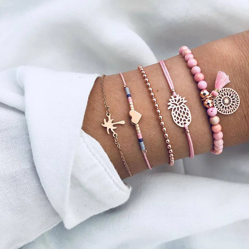 Boho Armreif für Frauen Schildkröte Elefant Herz Muschel Stern Mond Pfeil Karte Kristall Charms Perlen Armband Set Böhmischer Schmuck