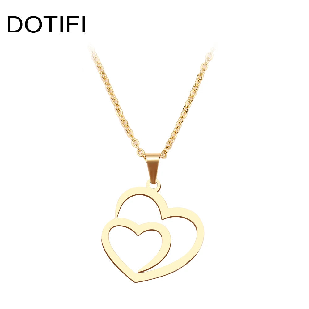 DOTIFI Stainless Steel Necklace For Women Man Hollow Double Heart Choker Pendant Charms Necklace Engagement Jewelry