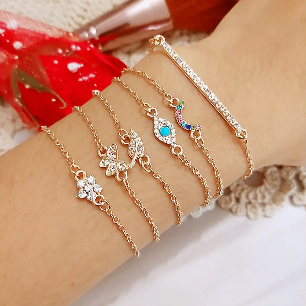 Fashion Geometrischer Stein Anhänger Armband Set Für Frauen Retro Silber Farbe Mond Handgelenk Kette Offener Armreif Dame Trendy Boho Schmuck