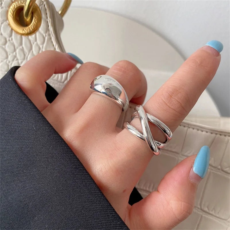 VENTFILLE Anillo de plata de ley 925 con diseño de gotas de agua irregulares, estilo retro simple, hecho a mano, para mujer