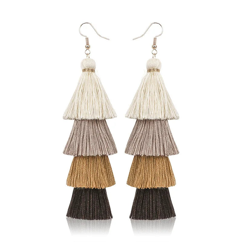 Pendientes de borlas de 4 capas estilo bohemio para mujer, aretes colgantes étnicos largos multicolor, joyería de moda para niñas