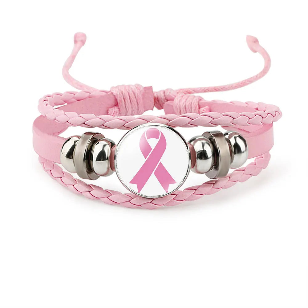 Brustkrebs-Bewusstseins-Hoffnungsarmband für Frauen Rosa Schleife Anhänger Geflochtenes Lederseil Wickelarmband Mode handgemachter Schmuck