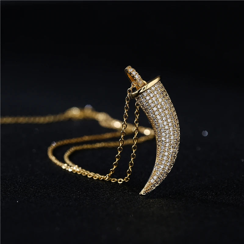NEWBUY Luxury Full Cubic Zirconia Pave Setting Wolf's fang Pendant Necklace For Women Vintage Bohemian Style Party Jewelry Gift