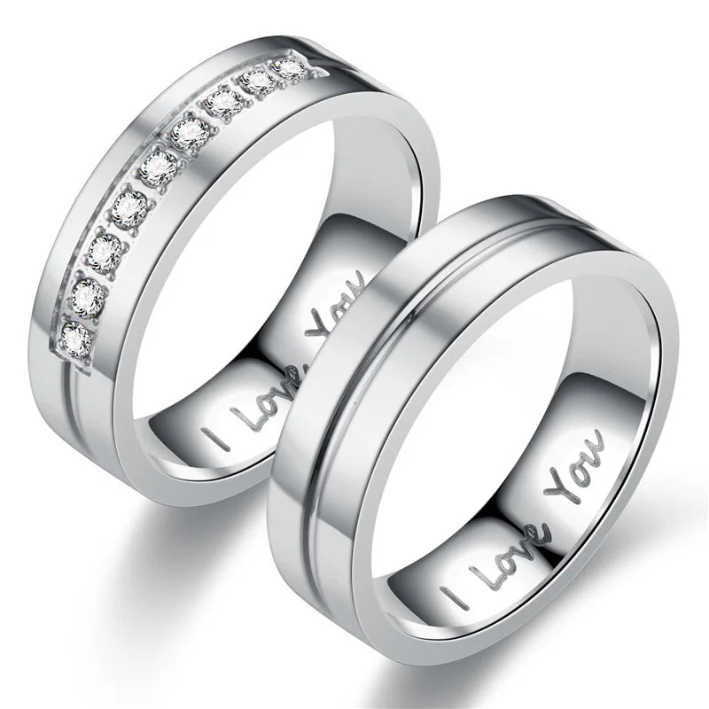 Anillos de compromiso de acero inoxidable para parejas, de moda, para mujer y hombre, con cristal, con la inscripción "I LOVE YOU", regalo de joyería para boda 2021