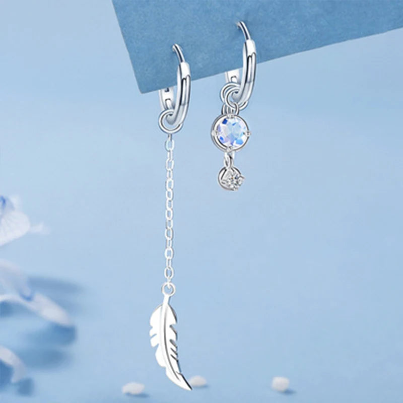 VENTFILLE Pendientes Asimétricos de Pluma de Plata de Ley 925 con Piedra Lunar Blanca, Pendientes Colgantes para Mujer, Joyería Hecha a Mano