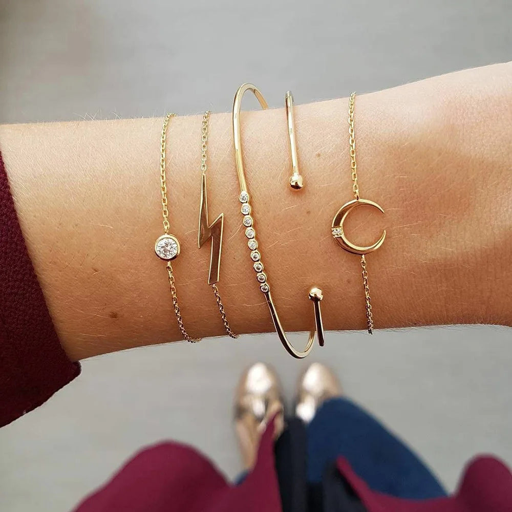 Fashion Geometrischer Stein Anhänger Armband Set Für Frauen Retro Silber Farbe Mond Handgelenk Kette Offener Armreif Dame Trendy Boho Schmuck