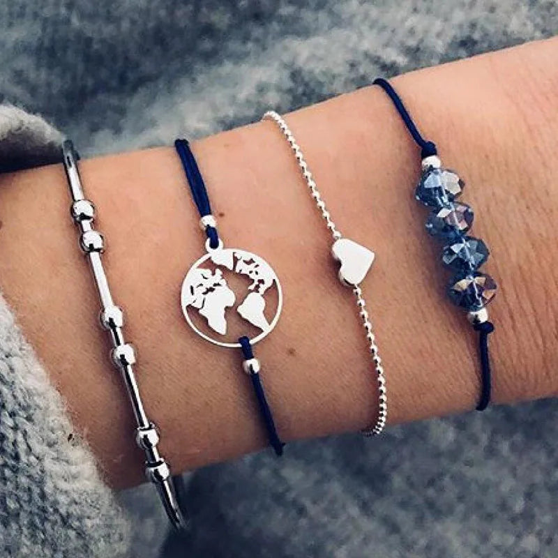 Fashion Geometrischer Stein Anhänger Armband Set Für Frauen Retro Silber Farbe Mond Handgelenk Kette Offener Armreif Dame Trendy Boho Schmuck