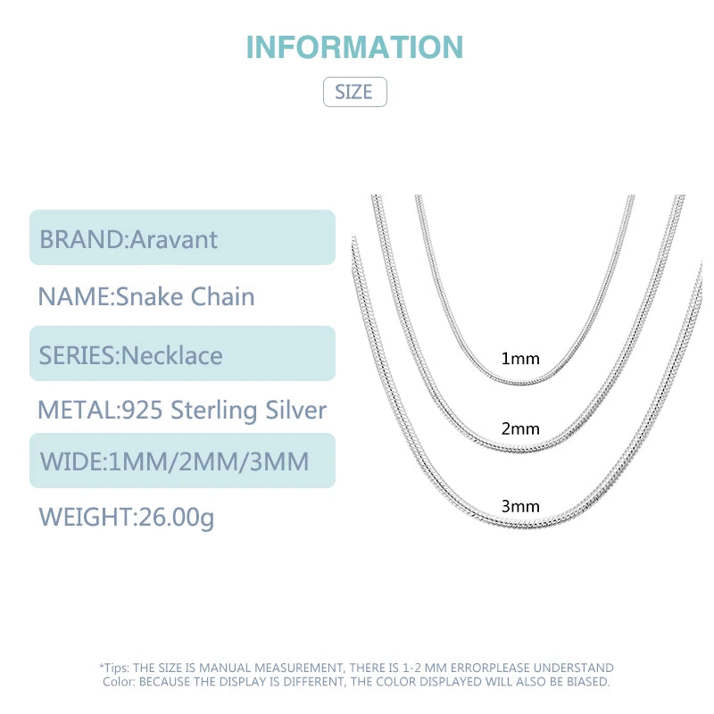 Aravant Plata 925 1MM/2MM/3MM Cadena Serpiente Collar Para Hombres Mujeres Colgante Joyería de Moda