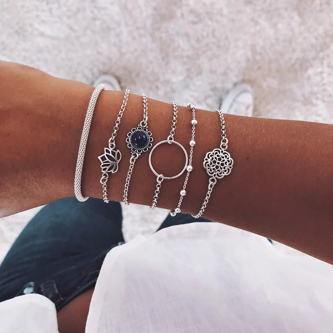 Fashion Geometrischer Stein Anhänger Armband Set Für Frauen Retro Silber Farbe Mond Handgelenk Kette Offener Armreif Dame Trendy Boho Schmuck