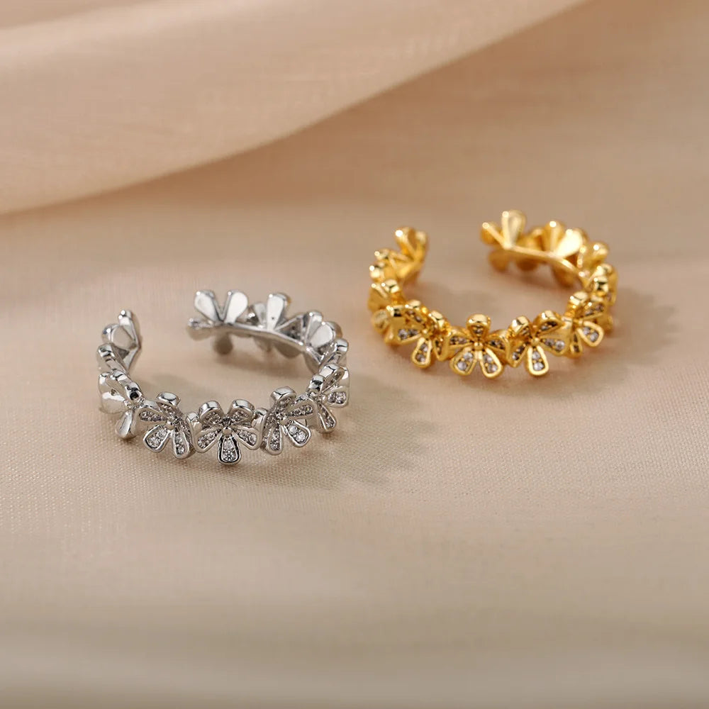 Damen Blumen Offene Ringe Für Frauen Edelstahl Zirkonia Blumen Offener Verstellbarer Ring Schmuck Studenten Mädchen Geschenk