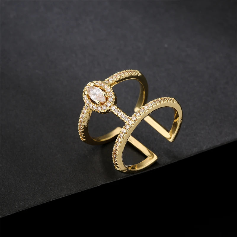 NEWBUY Fashion Goldfarbener Geometrischer Kupferring Damen Hochzeitsschmuck Heißer Verkauf AAA+ Zirkonia Fingerring Femme Bijoux