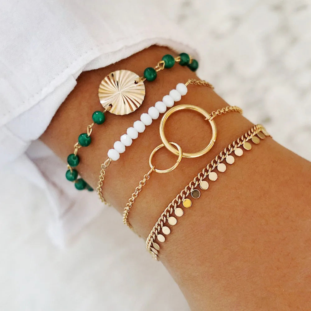 Fashion Geometrischer Stein Anhänger Armband Set Für Frauen Retro Silber Farbe Mond Handgelenk Kette Offener Armreif Dame Trendy Boho Schmuck
