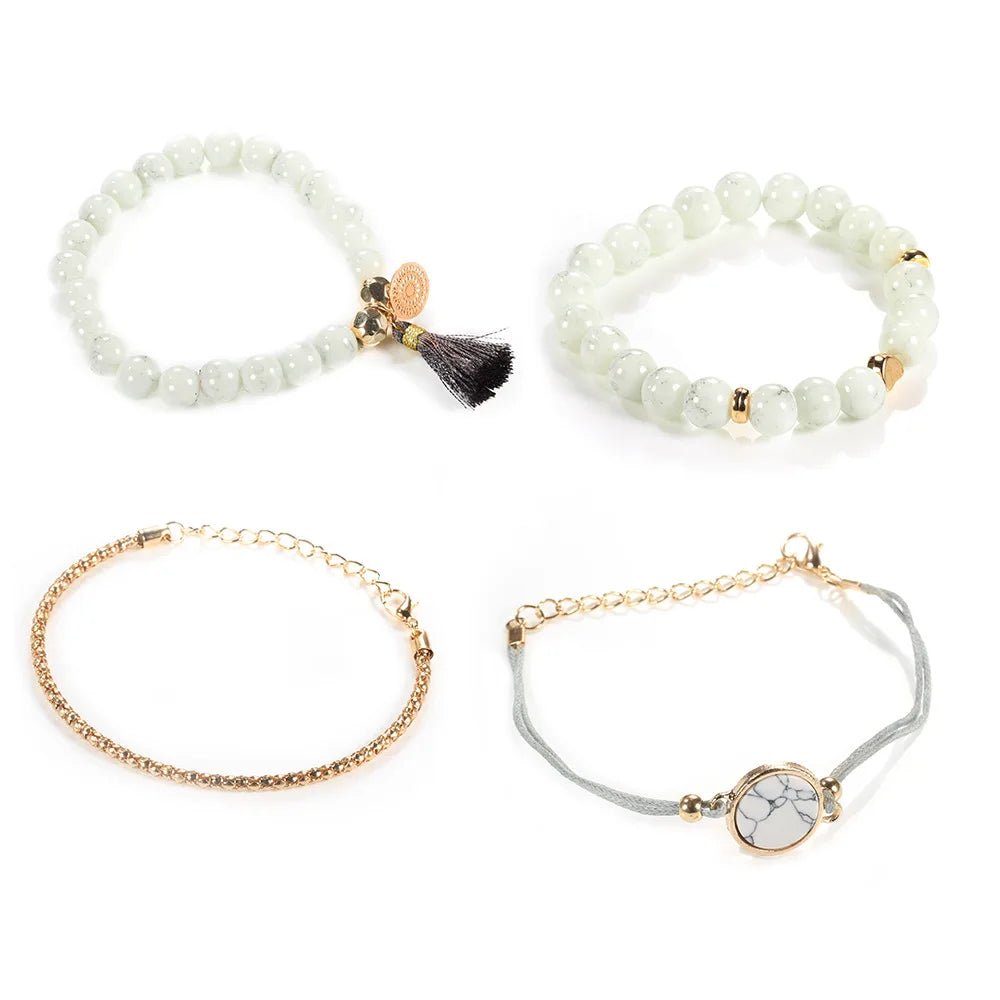 4tlg./Set Böhmische Steinperlen Kettenarmbänder Set für Damen Metall Herz Runde Quaste Anhänger Armreif Mode Schmuck