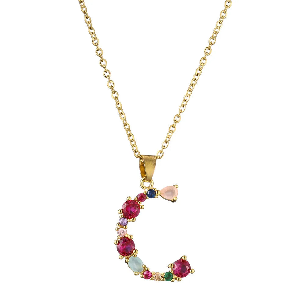 2024 New Hot Colourful Crystal AAA CZ 26 Capital Letters Pendant Necklace For Women Girl Gold Color Copper Initial Name Jewelry