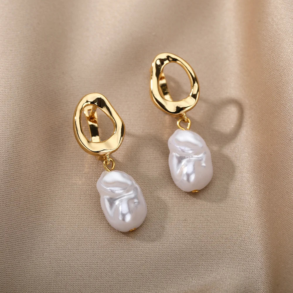 Unregelmäßige Perlenohrringe für Damen, Edelstahl, runde Perle, Ohrclips, Ohrring, Damenschmuck, Geschenk, Mujer Accessoires