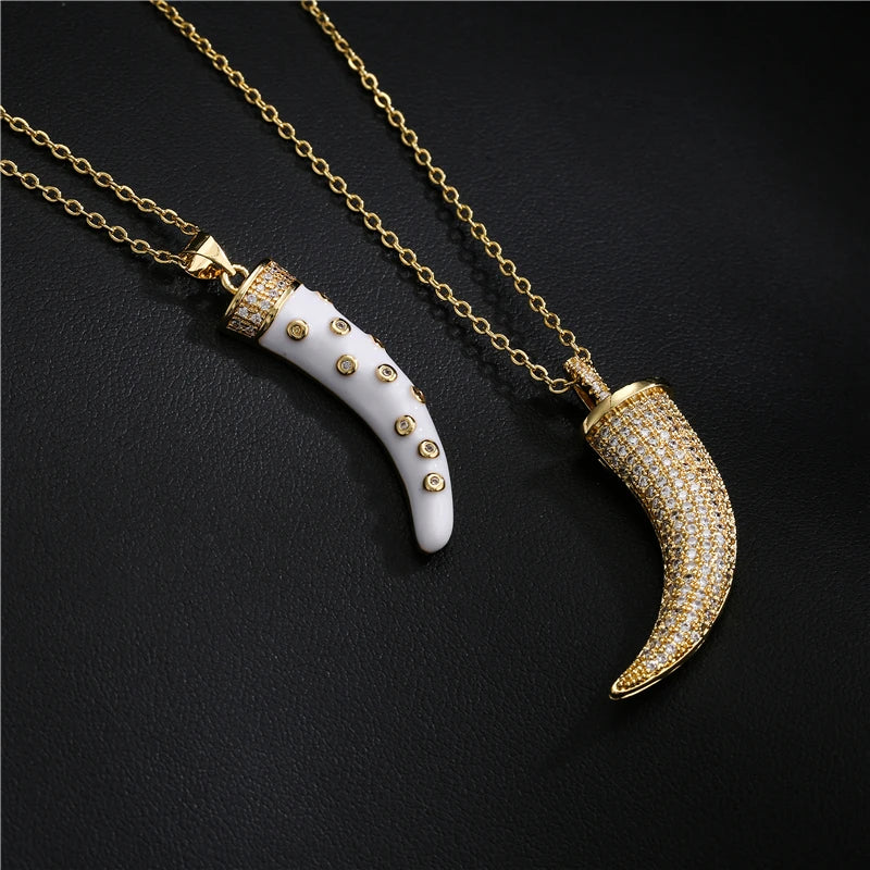 NEWBUY Luxury Full Cubic Zirconia Pave Setting Wolf's fang Pendant Necklace For Women Vintage Bohemian Style Party Jewelry Gift