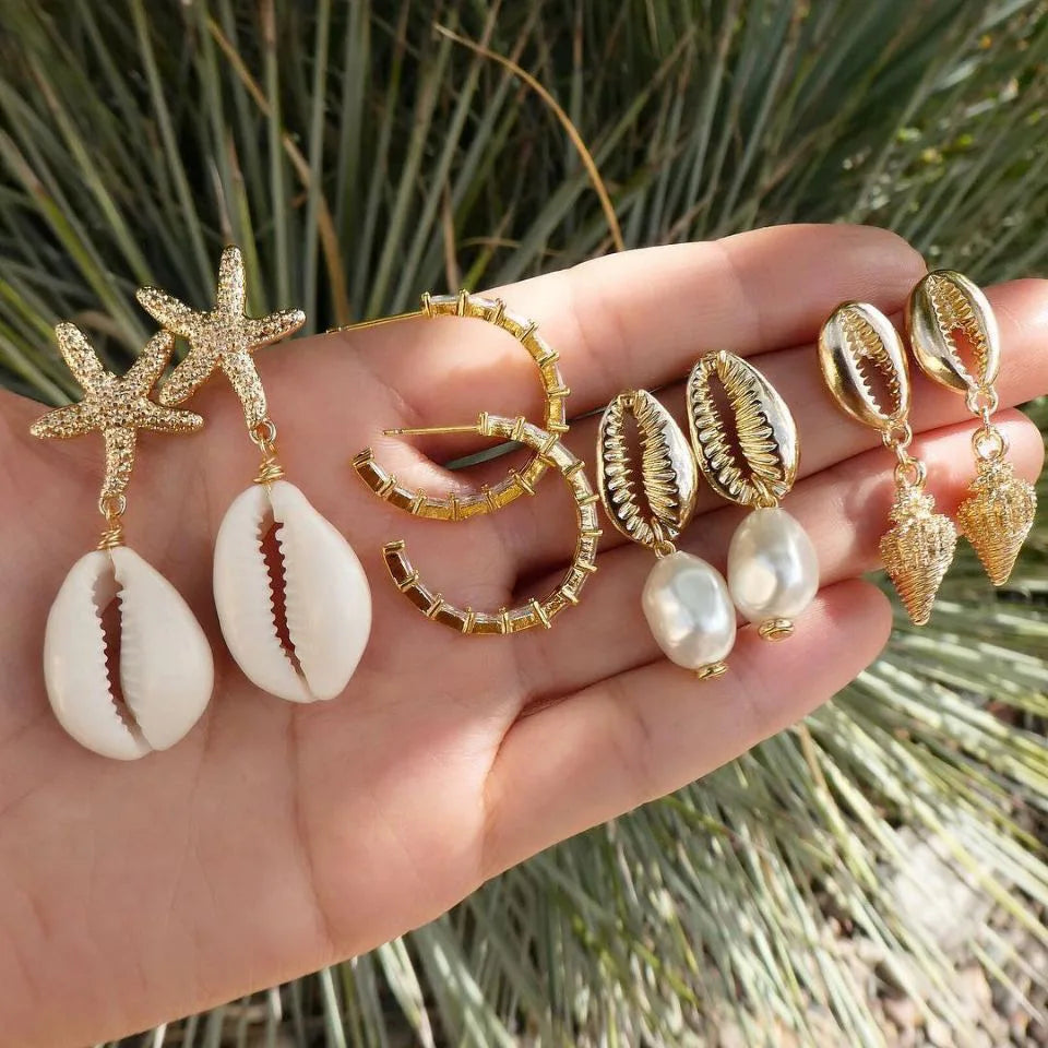 Böhmische Muschel-Seestern-Ohrhänger-Set für Damen, Sommer, Strand, Perlen-Muschel-Ohrringe, Geometrische Ohrringe, Mädchen, Modeschmuck