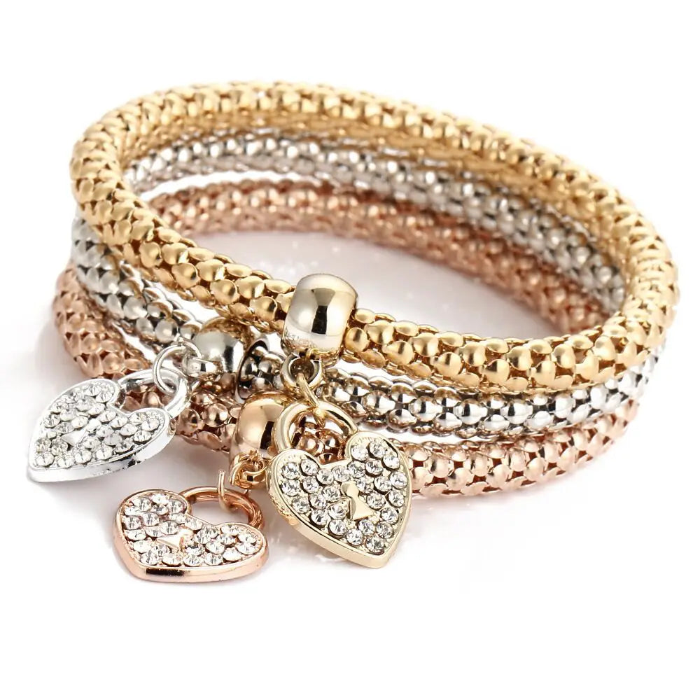 3 Farben/Lot Elastische Armbänder & Armreifen für Damen Kristall Lebensbaum Eule Schlüsselschloss Musiknote Eule Schmetterling Herz Charms Schmuck