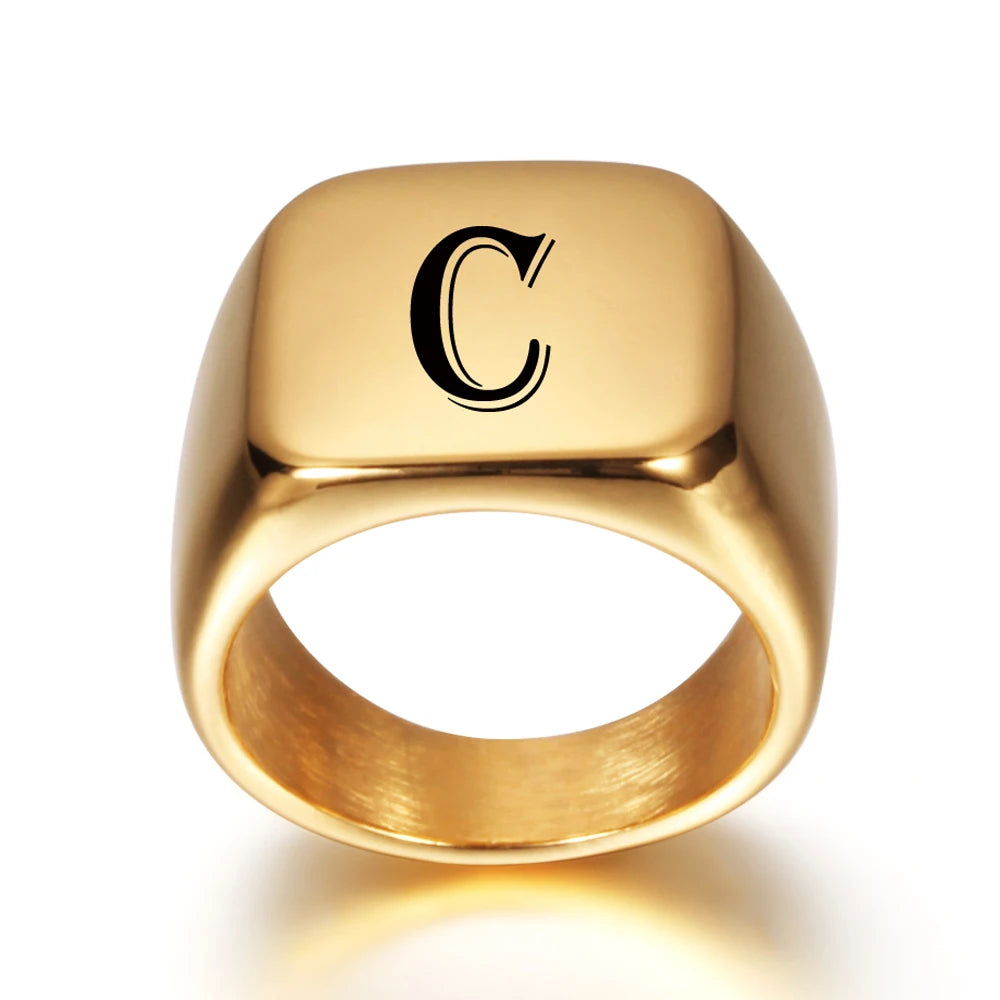 Personalisierter Anfangsbuchstabe Gravur A bis Z Alphabet Edelstahl Siegelring Blanko Glatt Hochglanzpoliert Goldfarben US-Größe