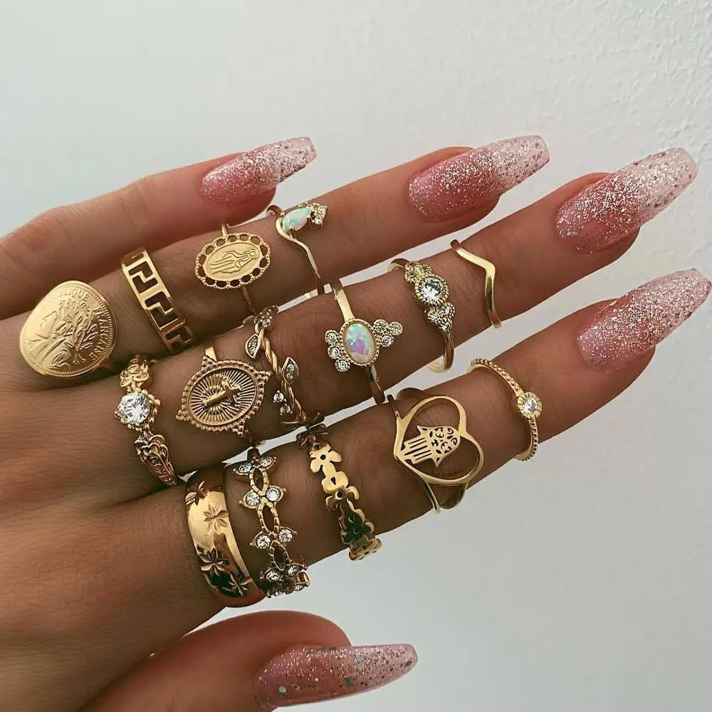 Fashion Geometrische Knöchelringe Set Für Frauen Kristall Goldfarben Fingerring Boho Damen Hochzeit Schmuck Geschenk