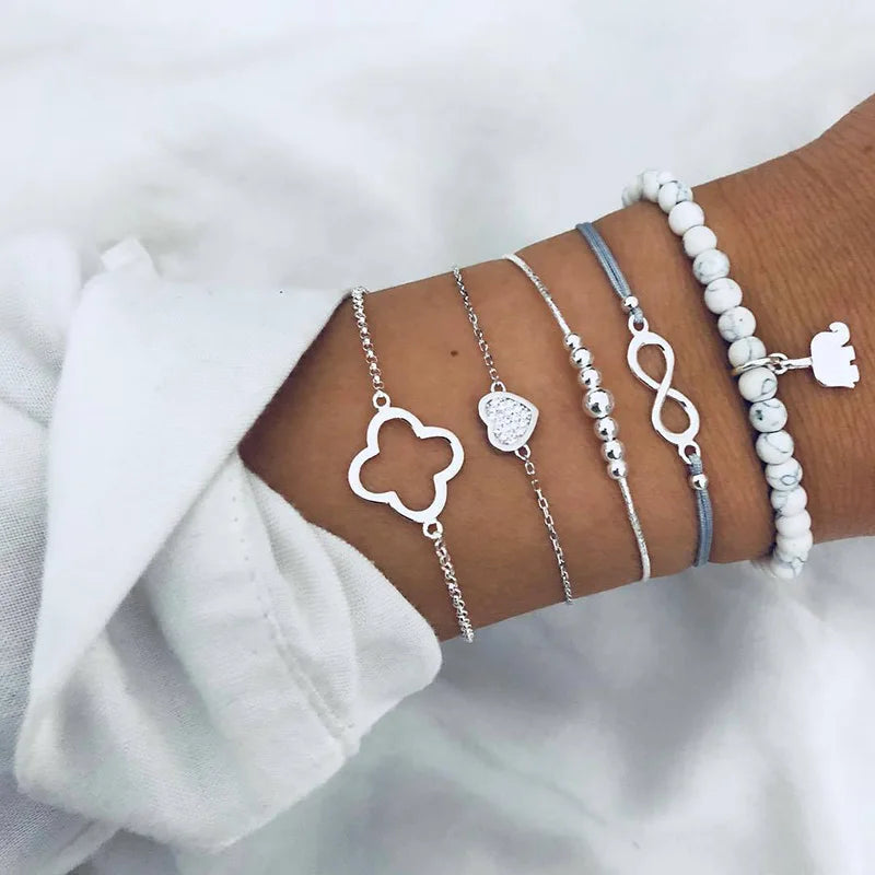 Boho Armreif für Frauen Schildkröte Elefant Herz Muschel Stern Mond Pfeil Karte Kristall Charms Perlen Armband Set Böhmischer Schmuck