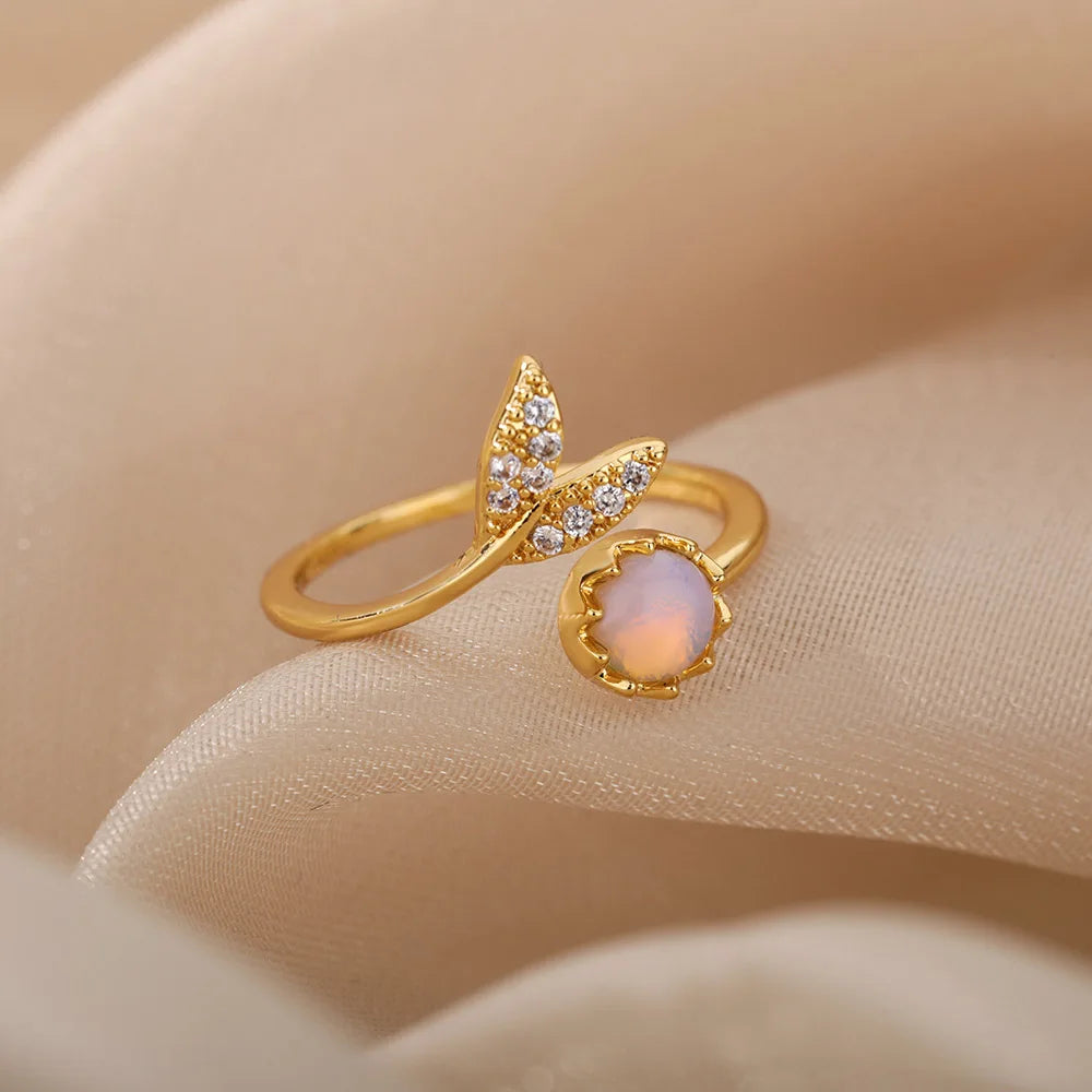 Fashion Opalringe für Frauen Edelstahl Opal Kristall Stein Blätter Fingerring Verlobung Böhmischer Schmuck Geschenk