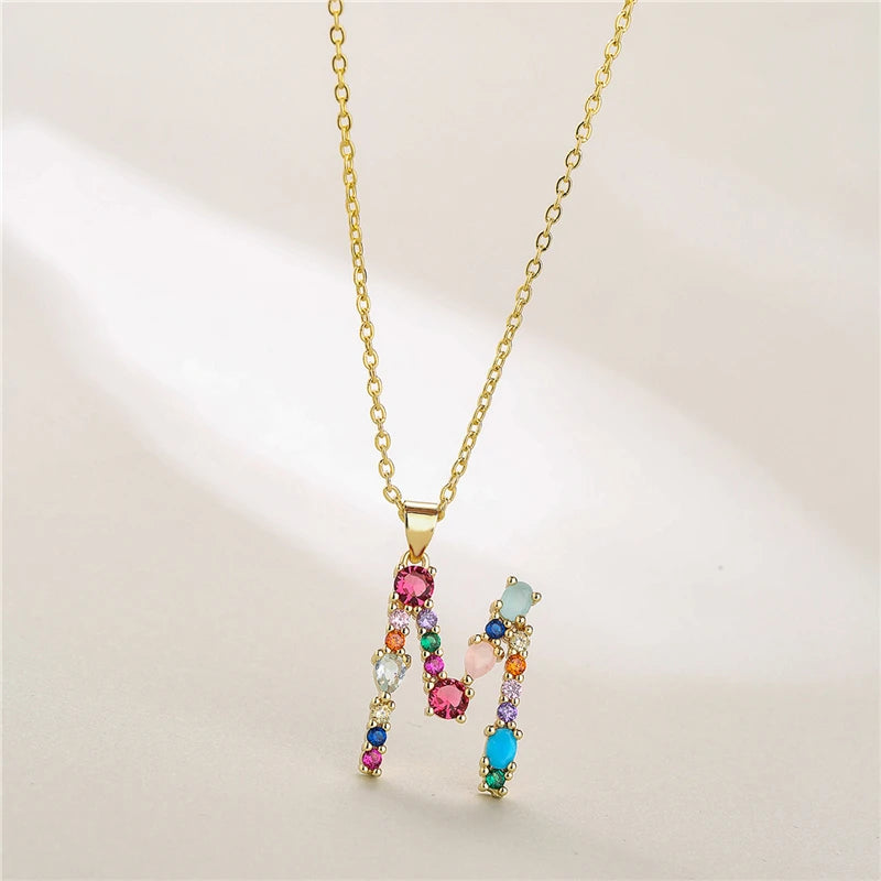 2024 New Hot Colourful Crystal AAA CZ 26 Capital Letters Pendant Necklace For Women Girl Gold Color Copper Initial Name Jewelry