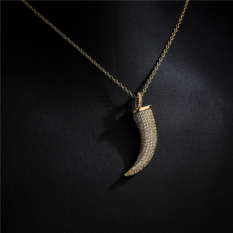 NEWBUY Luxury Full Cubic Zirconia Pave Setting Wolf's fang Pendant Necklace For Women Vintage Bohemian Style Party Jewelry Gift
