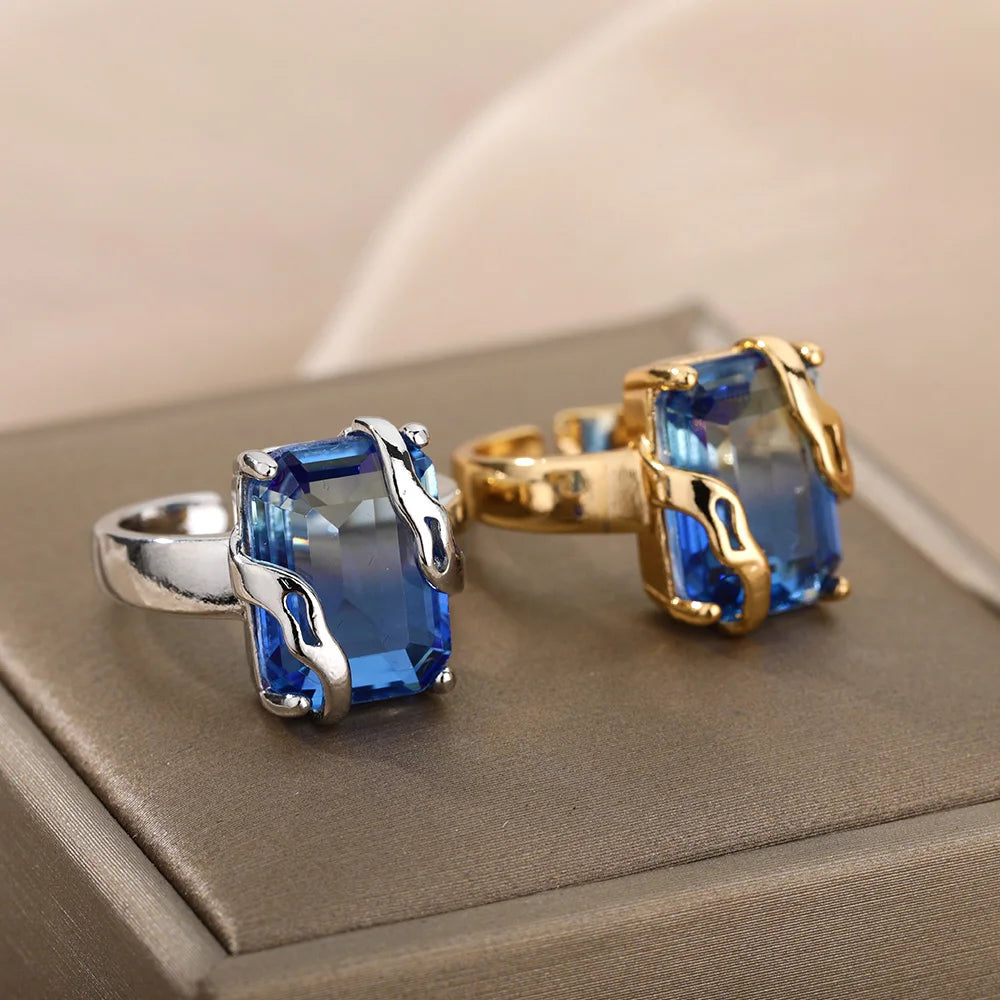 Minimalistische Zirkon Blaue Kristallstein-Ringe für Frauen Edelstahl Zirkonia Quadrat Geometrie Ring Party Schmuck Geschenk