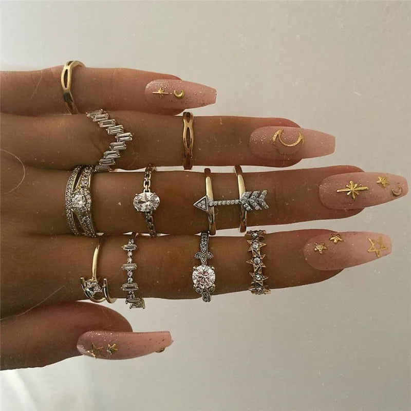 Trendiger geometrischer Mond-Knöchel-Fingerringe-Set für Frauen 2021 Böhmischer Kristallstein Damenring Hochzeitsschmuck